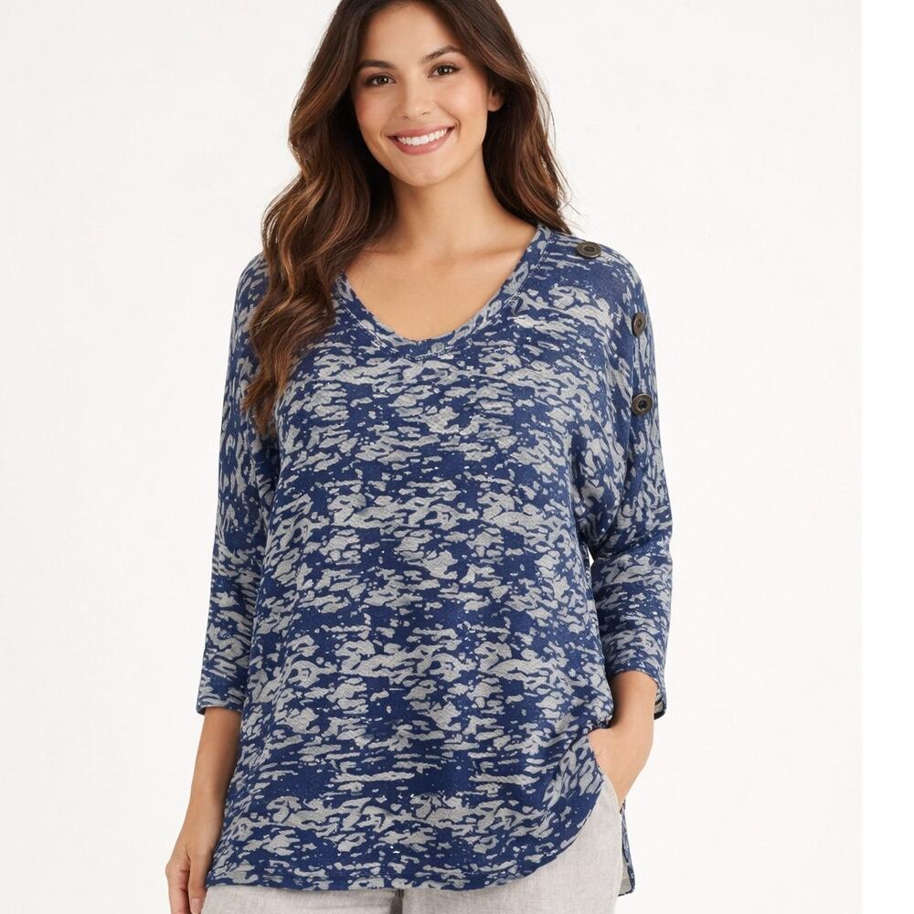 Soft Surroundings Knit Tunic Womens Large Blue Abstract Casual Knit Button Trim